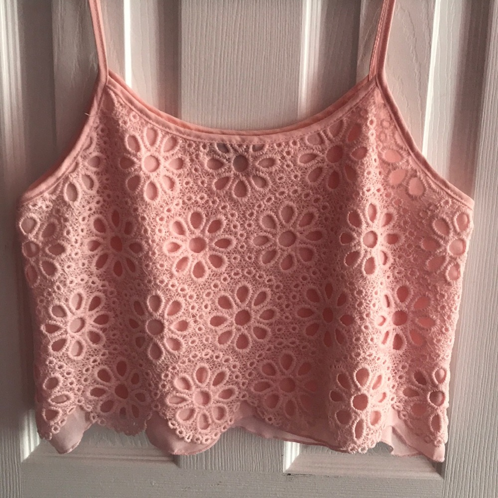 Pink eyelet scalloped crop top
